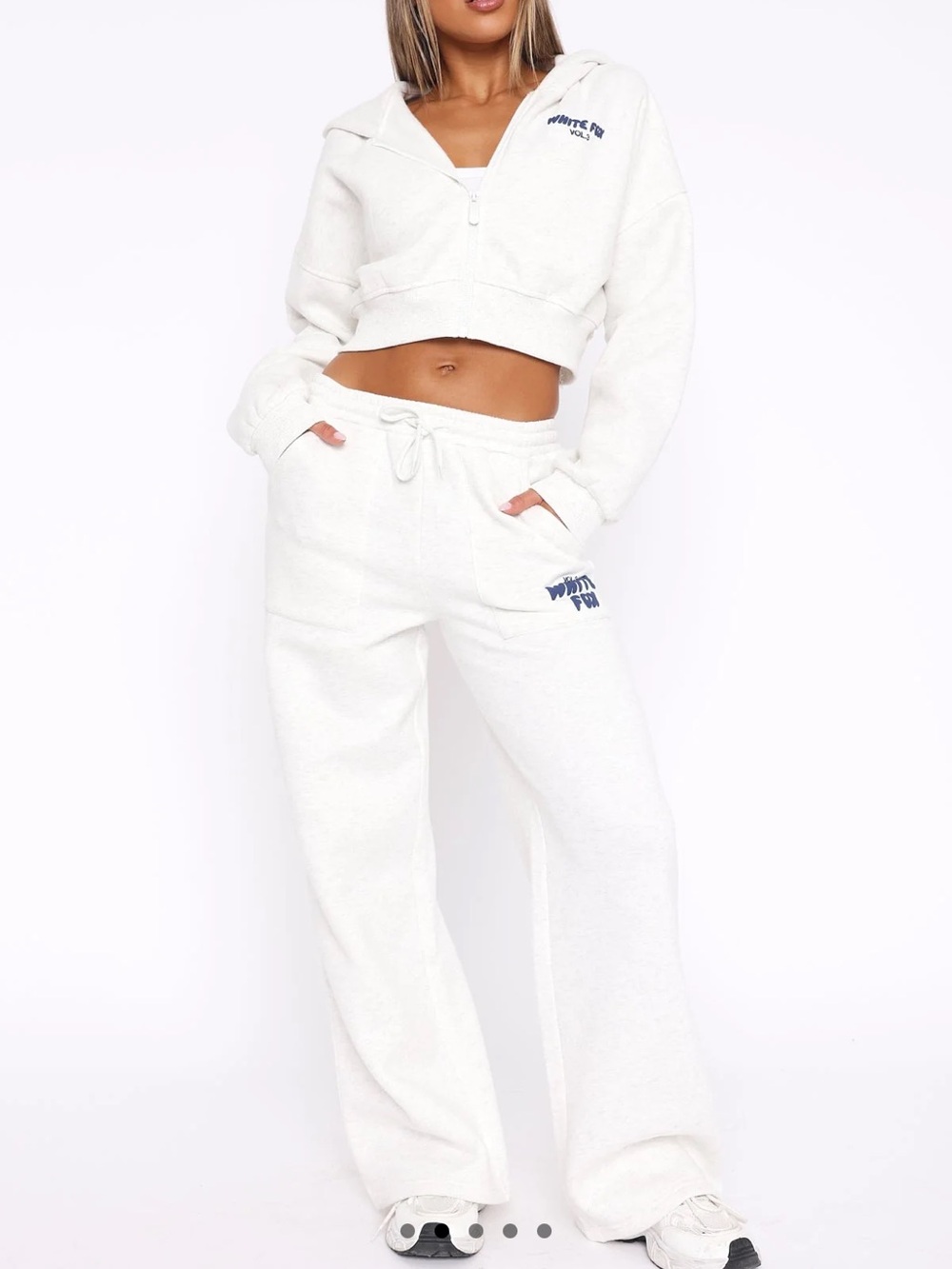 White Cropped Half-Zip Hoodie & Wide-Leg Sweatpants Set - White